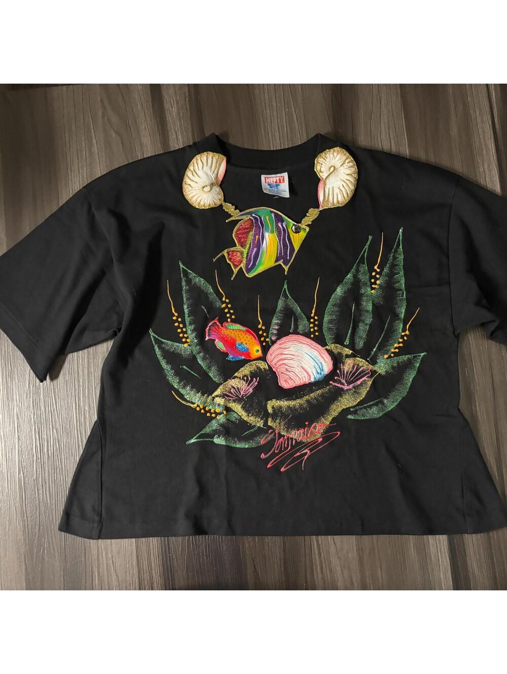 Vintage Jamaica Coral Reef Shirt Hand Drawn Art To Wear Women's Size Large Black
